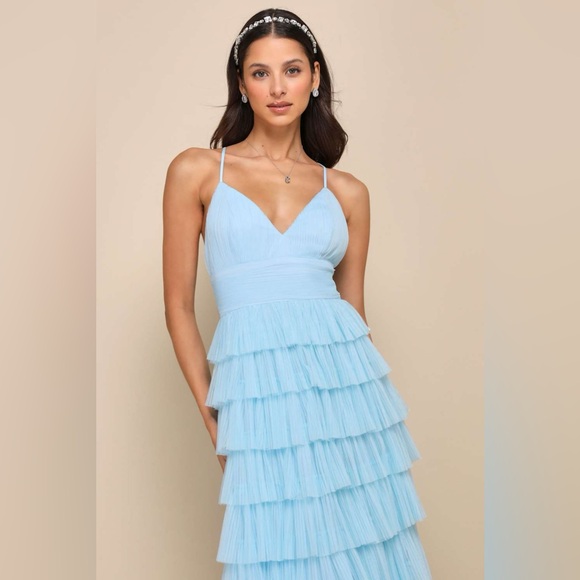 Lulus Radiant Event Light Blue Mesh Tiered Pleated Backless Maxi Dress - Picture 3 of 10